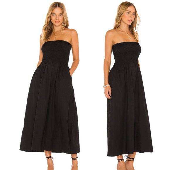 NEW FAITHFULL THE BRAND Madella Midi Dress in Plain Black Strapless Cotton S - Picture 2 of 8